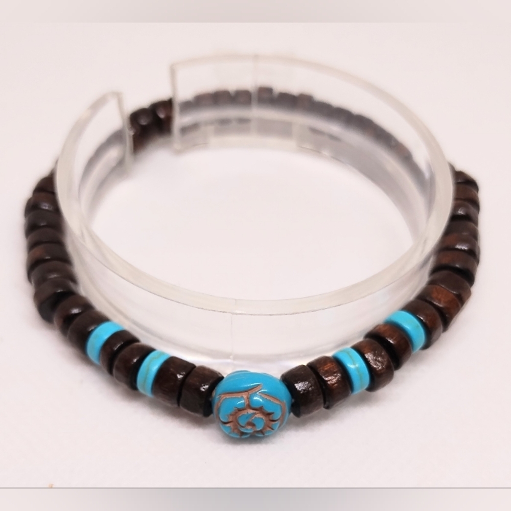 Men's Bracelet Beaded Turquoise Beads Brown New f70
